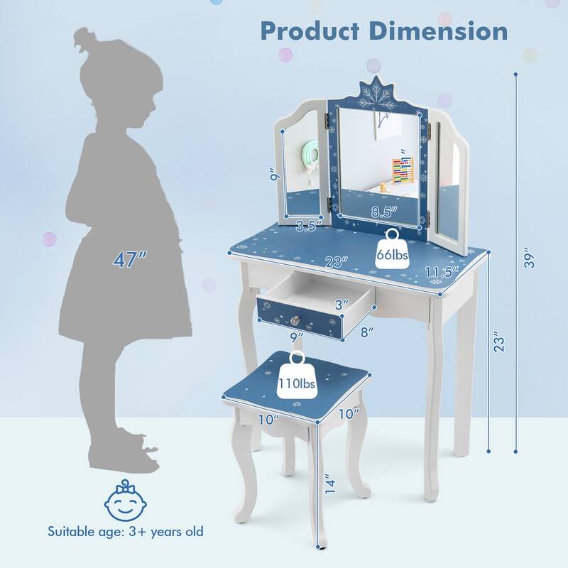Gymax Kid Vanity Set Wooden Makeup Table Stool Tri-Folding Mirror