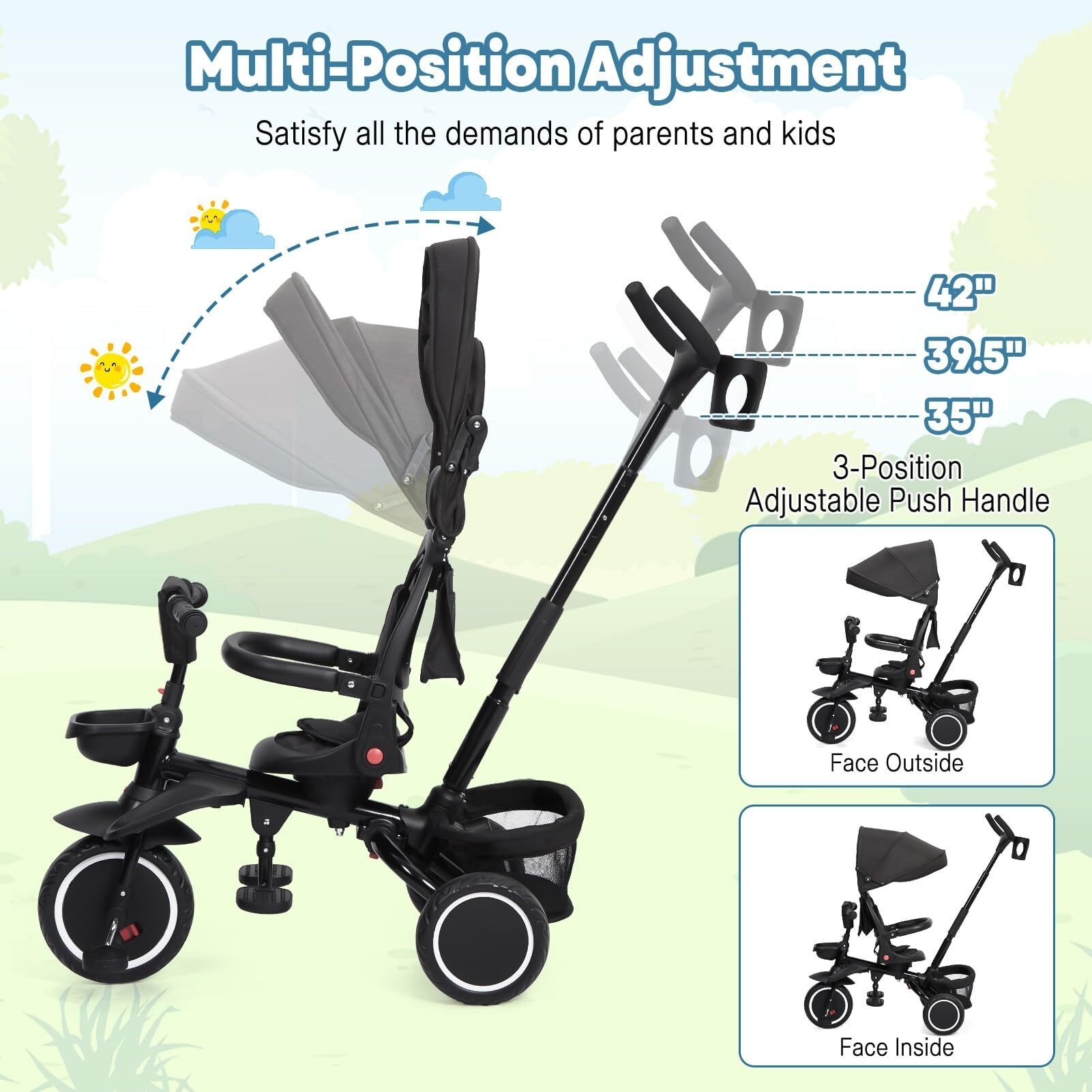 Baby Tricycle 7 in 1 Folding Toddler Bike w Removable Adjustable Push Handle Black