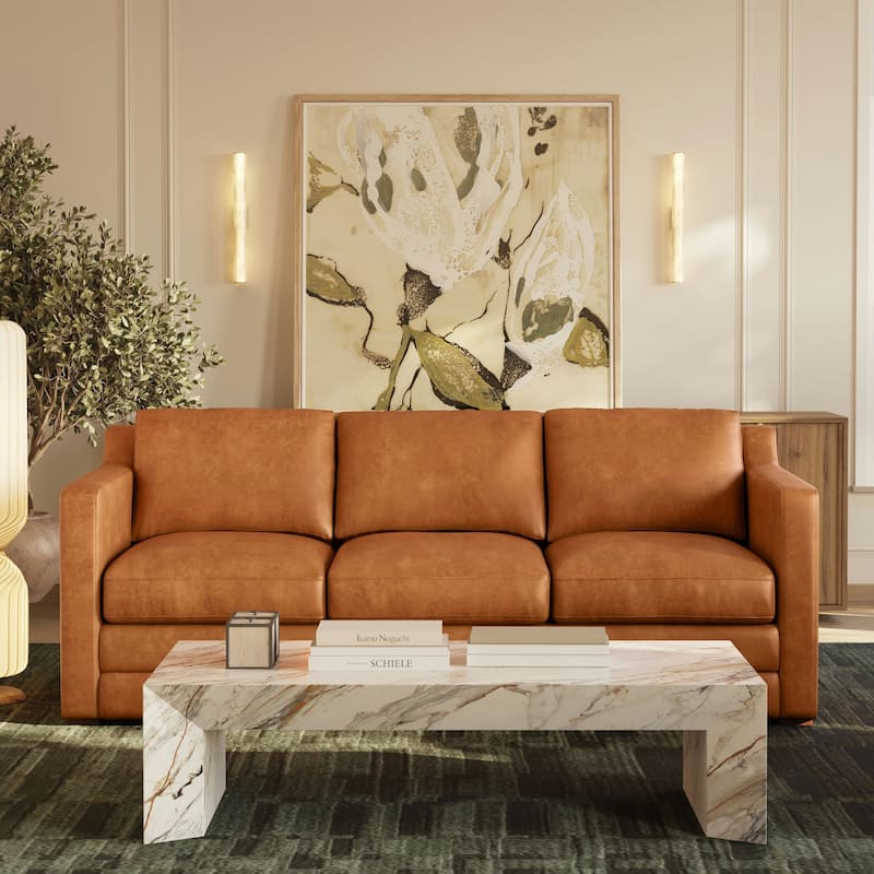 Poly & Bark Sorrento Leather Pull-Out Convertible Sleeper Sofa In Cognac Tan