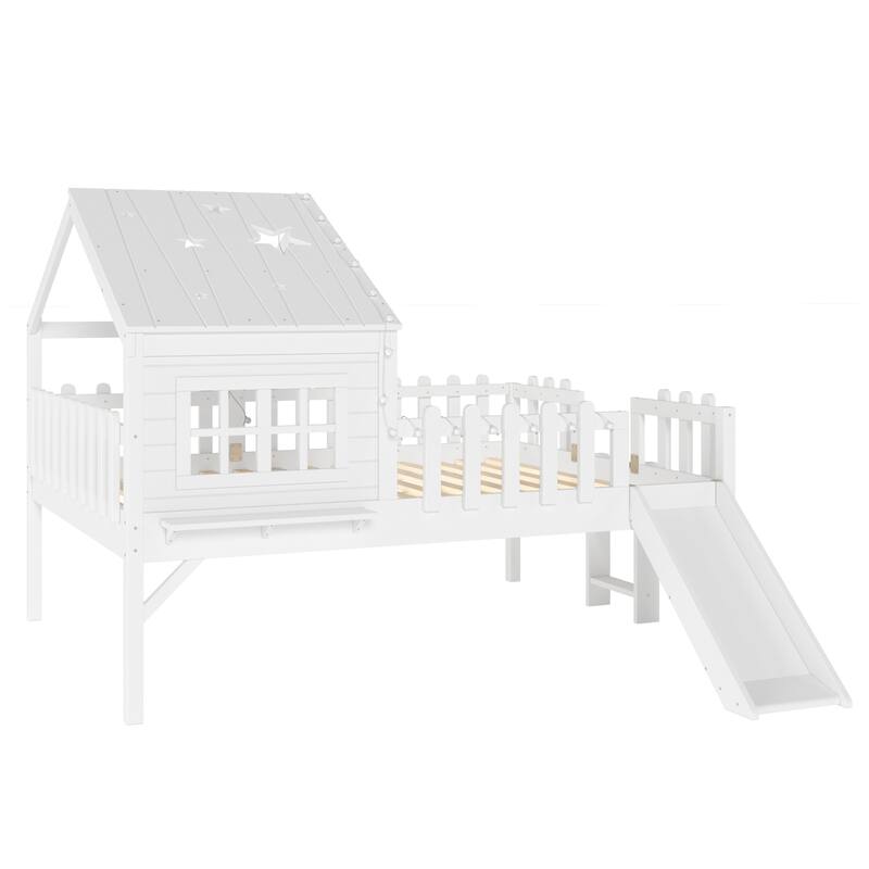Full Size House Loft Bed with Slide,Playhouse Bed with Star Moon-shaped Designs and Window, Chic Design with LED Lights