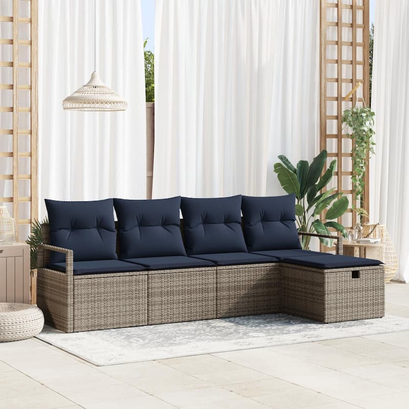 vidaXL 5/6 Garden Sofa Set with Cushions Black/Brown/Grey Poly Rattan - 90.6 x 46.1 x 27.2 - Grey/Navy blue without table