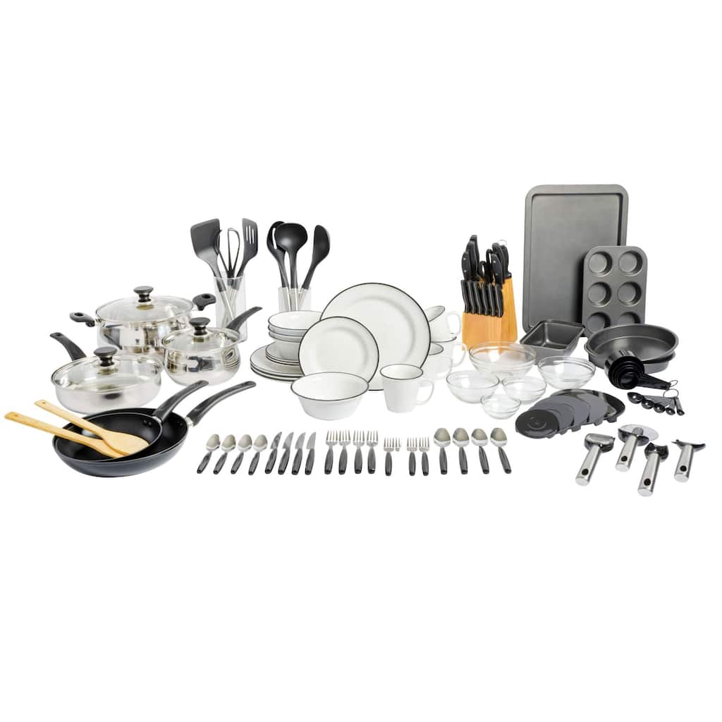 Gibson Home 95‑Piece Kitchen‑in‑a‑Box Set with Cookware, Dinnerware, Cutlery, Utensils, Gadgets, Storage & Glasses