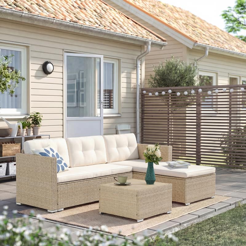 L-Shaped Outdoor Sectional Sofa, PE Wicker Patio Sofa Set with Table and Cushions