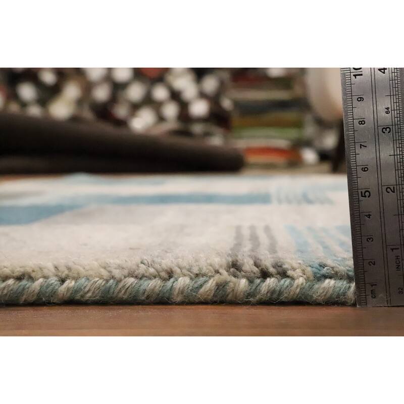 Hand Knotted Oriental 100% Wool Carpet Modern Geometric Navy Blue & Blues Gabbeh Area Rug - 7' 9'' X 5' 6''