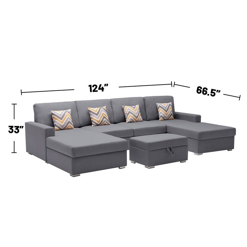 Linen Fabric 5 Piece Double Chaise Sectional Sofa with Interchangeable Legs and Storage Ottoman
