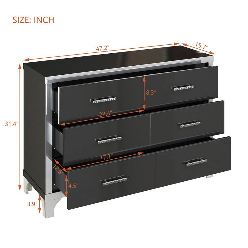 Dresser for Bedroom, 47" High Gloss Dresser with 6 Drawers, Mirrored Storage Chest of Drawers with Metal Handle