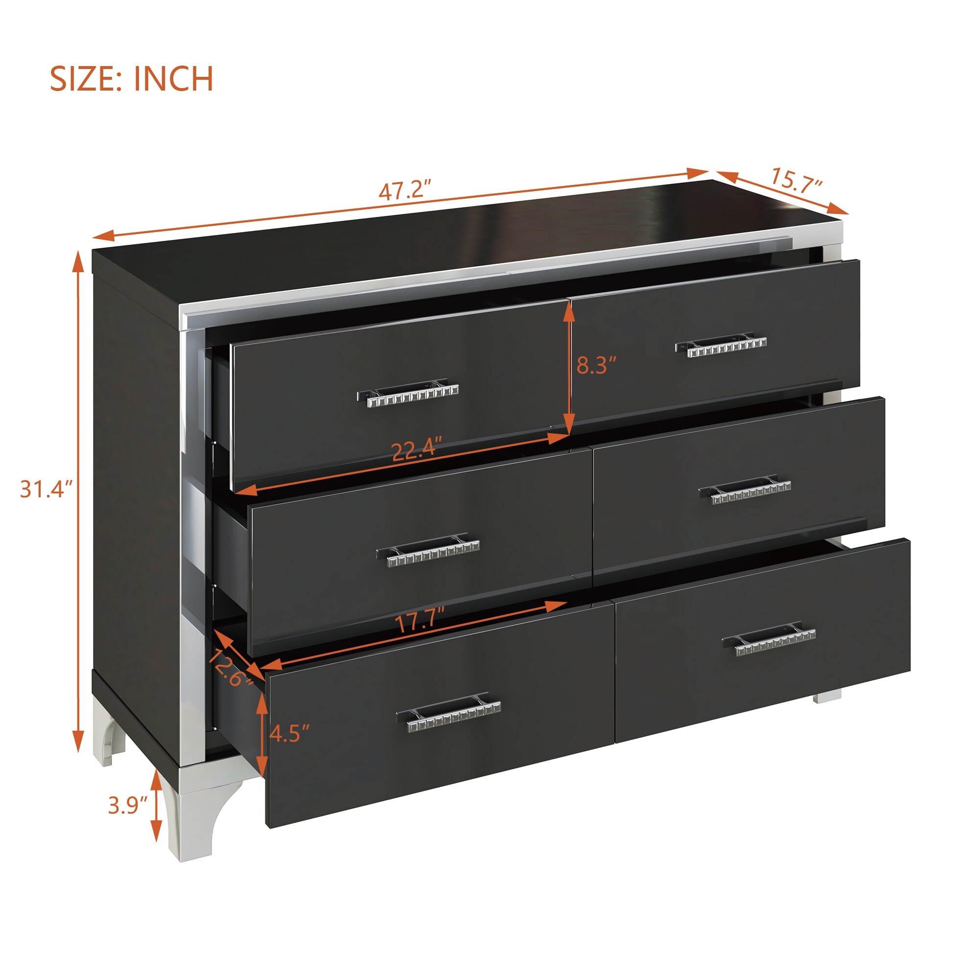 High Gloss Dresser with Metal Handle, Mirrored Storage Cabinet with 6  Drawers for Bedroom, Living Room, Black - Bed Bath & Beyond - 39194195