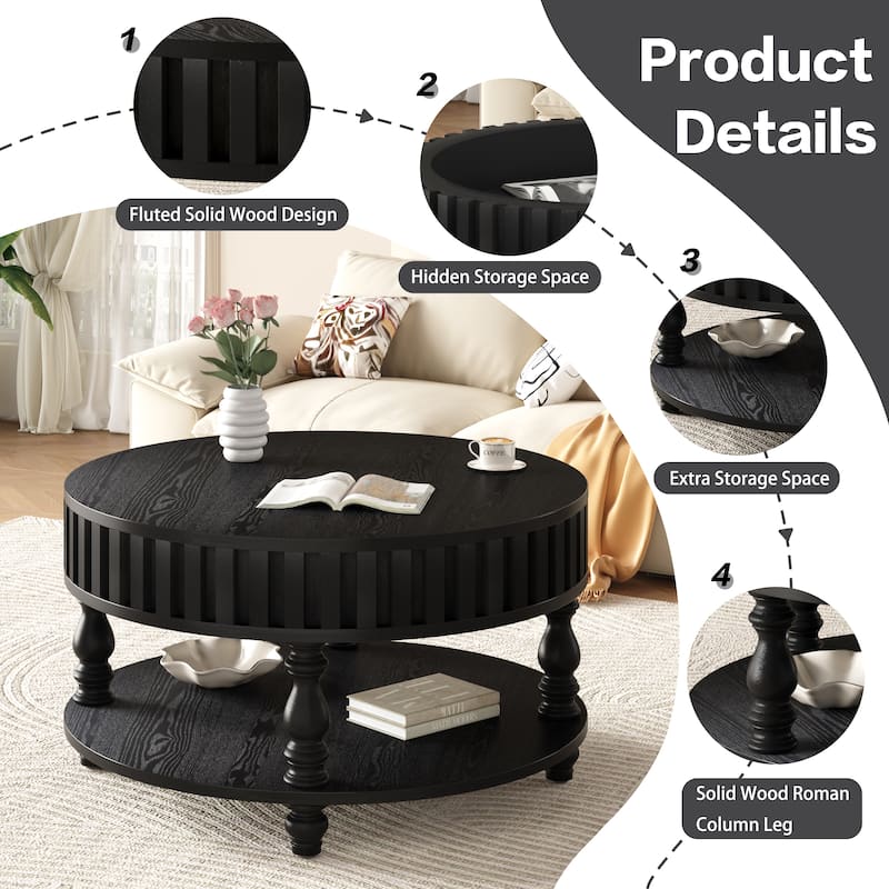 Farmhouse 31.49" Round Coffee Table with Storage and Flip-Top Lids for Rustic Living Room Organization and Style