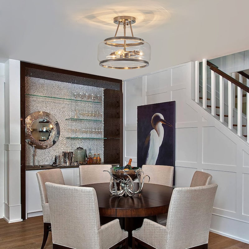 3-Light Industrial-style Black Lantern Glass Semi Flush Mount