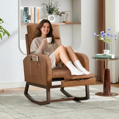 Rocking Chair with Footrest for Nursery, Modern PU Upholstered Glider Accent Armchair with High Backrest
