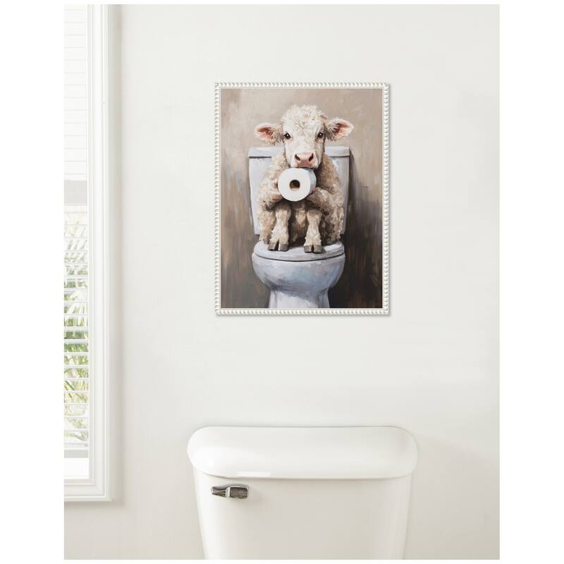 Kate and Laurel Sylvie Cute Cow Toilet Paper Roll Toilet Bathroom Art Framed Canvas by The Creative Bunch Studio