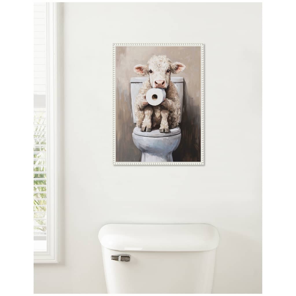 Kate and Laurel Sylvie Cute Cow Toilet Paper Roll Toilet Bathroom Art Framed Canvas by The Creative Bunch Studio