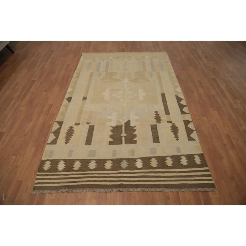 Hand Woven Oriental 100% Wool Carpet Southwestern Tribal Beige & Ivories Kilim Area Rug - 8' 0'' X 5' 0''