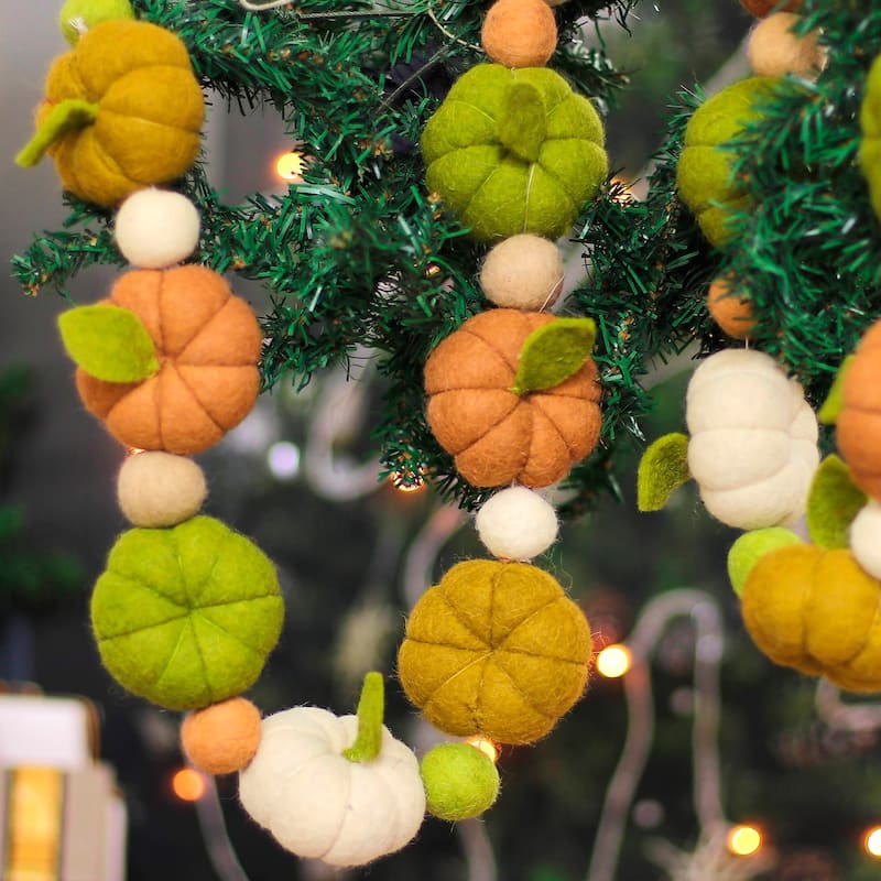 Novica Handmade Forest Pumpkins Wool Felt Garland - Green