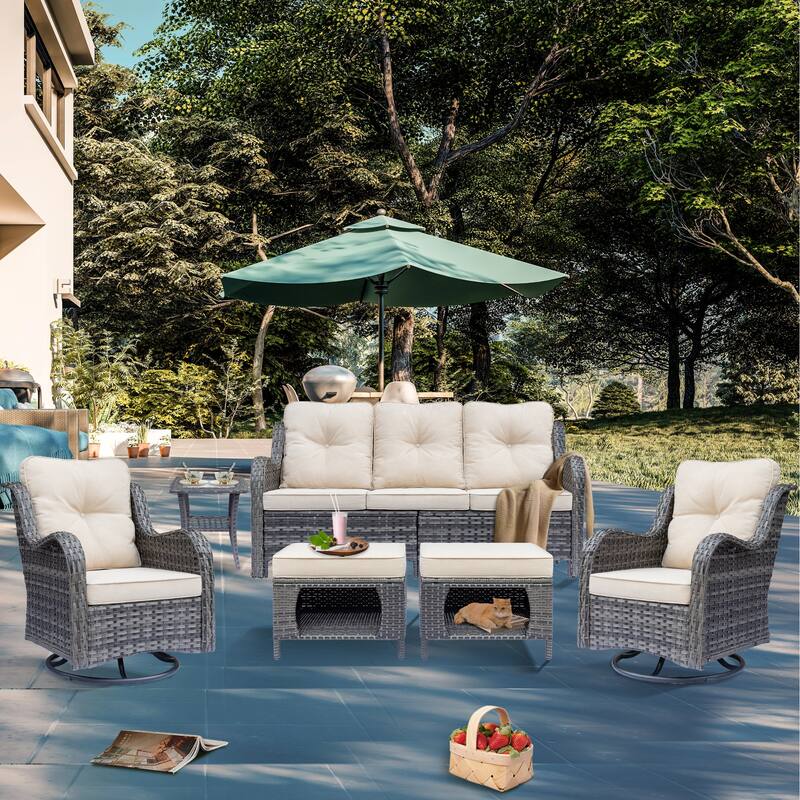 Gray Wicker Outdoor Patio Conversation Seating Sets with Swivel Chairs - 6 Pieces - Beige