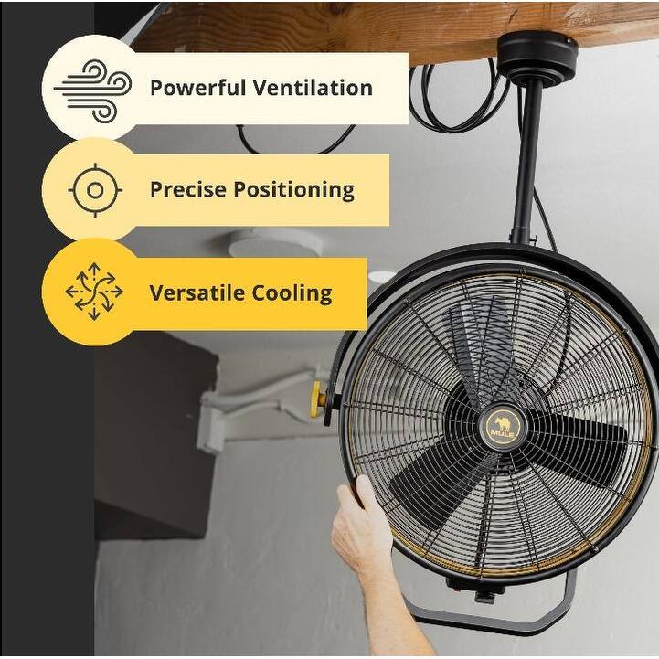 18" Mule Jet Black and Yellow Damp-Rated Garage Ceiling Fan - 18 Inches