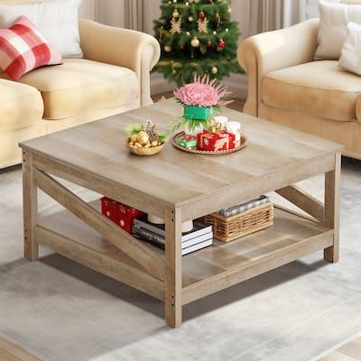 Moasis Farmhouse Coffee Table with Shelf, 2-Tier Center Table for Living Room