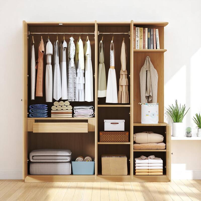 Modern Particle Board Wardrobe with Mirror, 2 Hanging Rails, 1 Drawer, Shelves and Safety Lock, 65.9" Tall