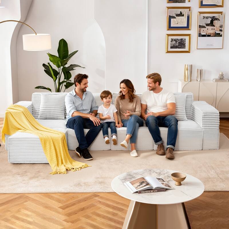 L-Shaped Modular Sectional Sofa with Ottoman, Striped Corduroy Deep Seat Cloud Couch, Large 4-Seat Corner Sofa
