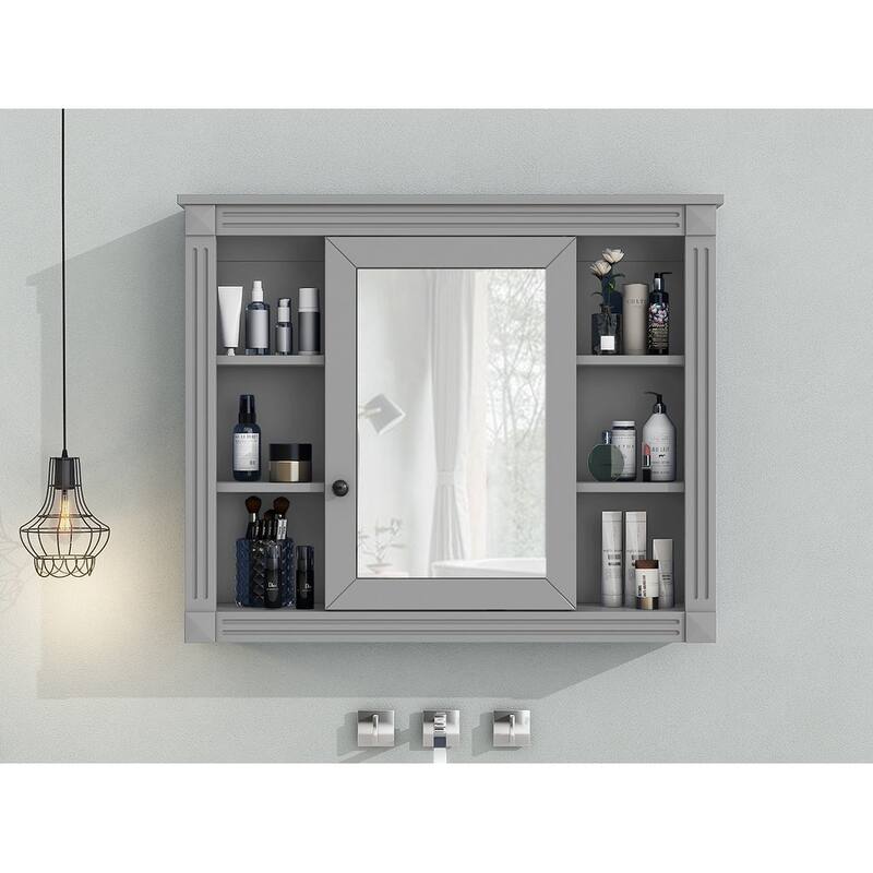 Wall-Mounted Bathroom Mirror Cabinet, Multi-Functional Medicine Cabinet, Bathroom Storage Cabinet with Door & Open Shelves