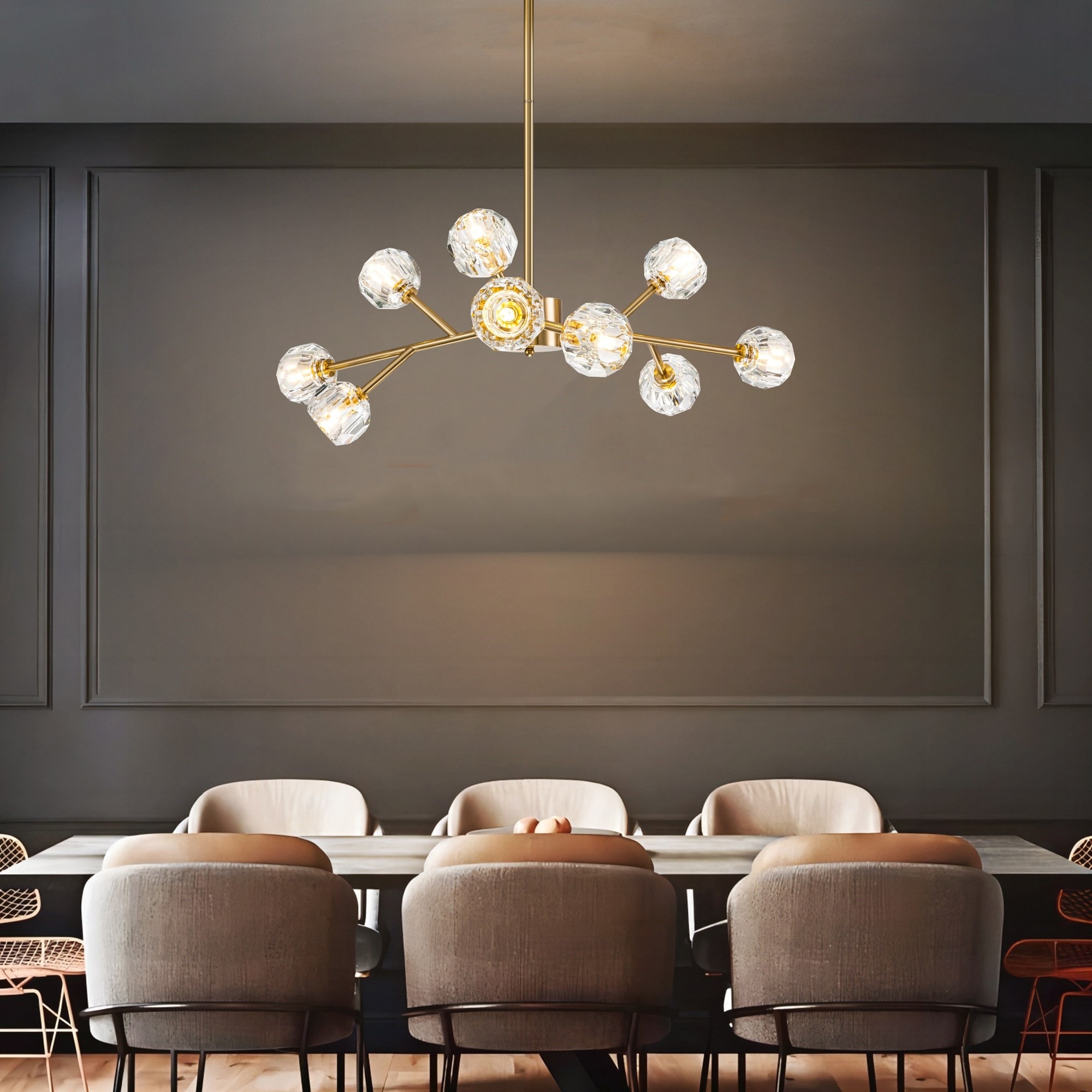 9/15/18-Light Modern Glam Gold Large Sputnik Cluster Crystal Globe Chandelier with Crystal Globe Shade