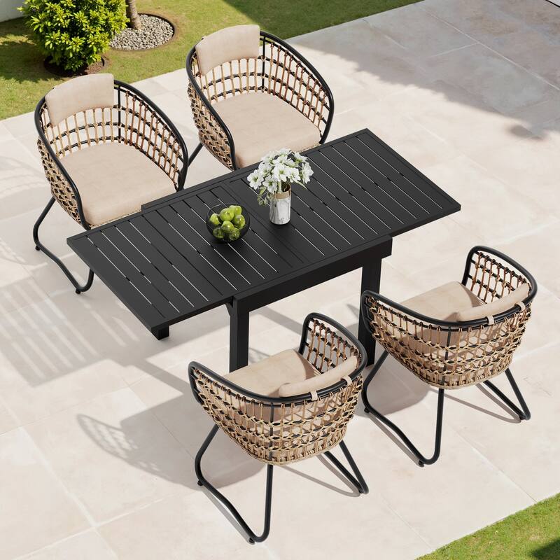 5/7/11-Piece Set Outdoor Aluminum Extendable Patio Dining Table Set with Rattan Chairs - Beige - 63 in Table - 5pcs Set