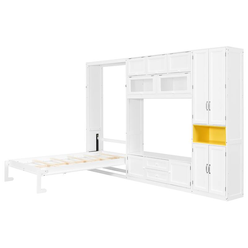 Space Saving Twin Murphy Bed, Wall Bed Unit with TV Console, Drawers and Storage Cabinets