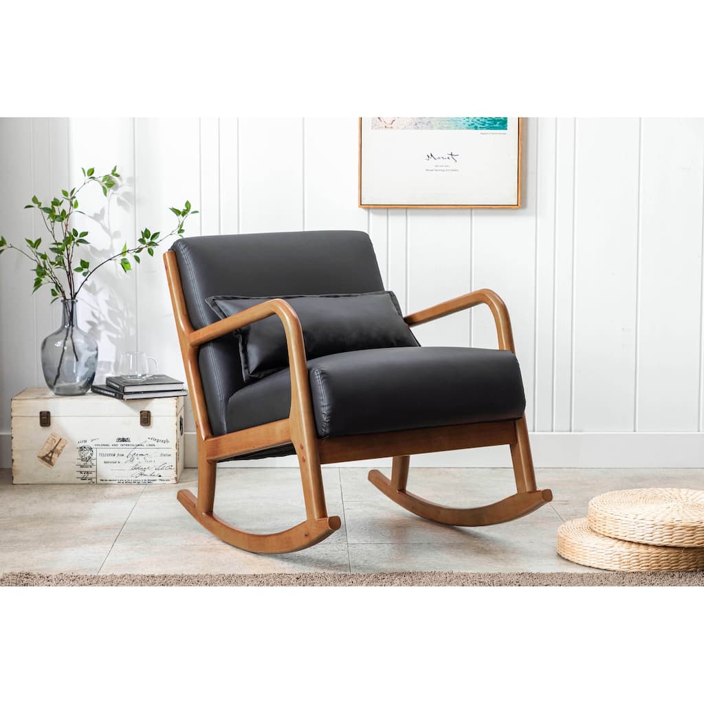 Porthos Home Juni Rocking Accent Chair with Pillow, PU Upholstery, Rubberwood Legs