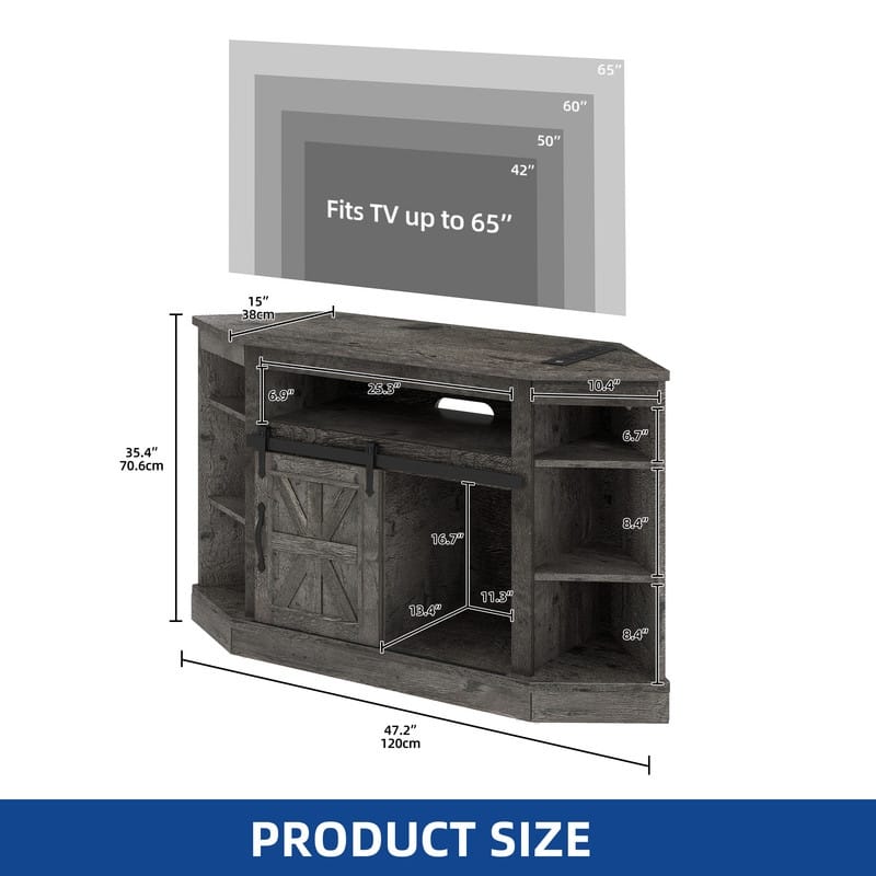 Moasis 47.2" W Corner TV Stand with Power Outlet, Barned-Door Cabinet