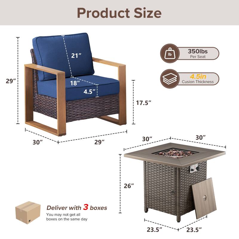 Meyreso 5-Piece Wicker Patio Conversation Set with Fire Pit & Plush 4.5" Olefin Cushions