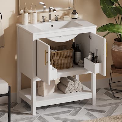 30" White Bathroom Vanity with Ceramic Sink and Versatile Storage - Ideal for Small Bathrooms