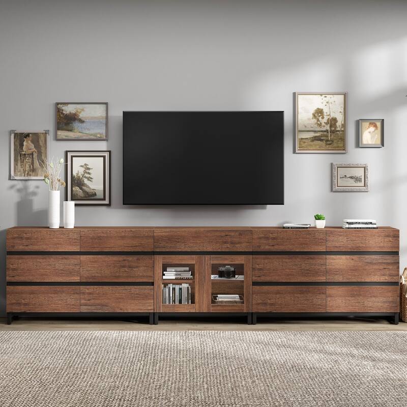 3 in 1 TV Stand for TVs up to 120 inches, Modern TV Console with Glass Doors and 13 Drawers for Living Room