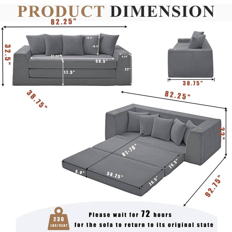 Modern Convertible Loveseat Sofa Bed, Corduroy Fabric Foldable Floor Couch w/5 Pillows, Side Pockets & Cup Holders, No Assembly