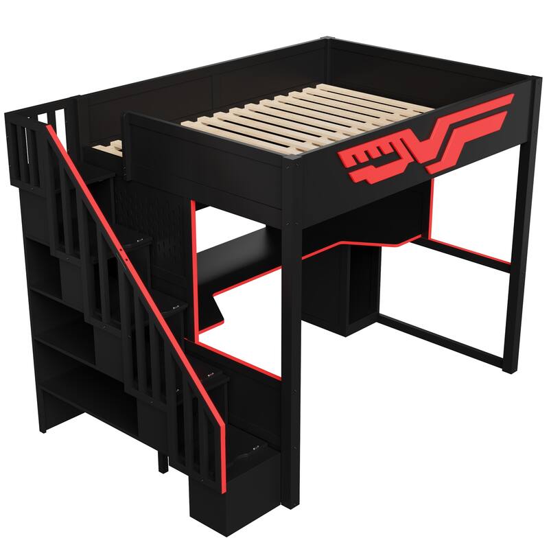 Roomfitters Full Size Gaming Loft Bed with Integrated Desk and Storage Stairs, Heavy Duty Metal Frame, Red and Black