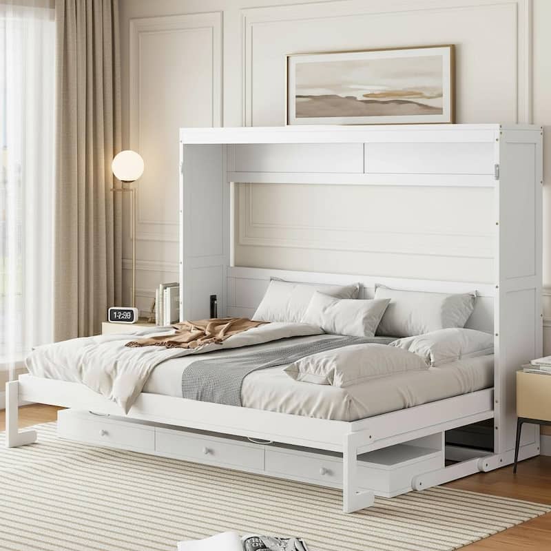 Queen Wall Murphy Bed with Flip-Down Vanity Desk by Harper&Bright Designs - White