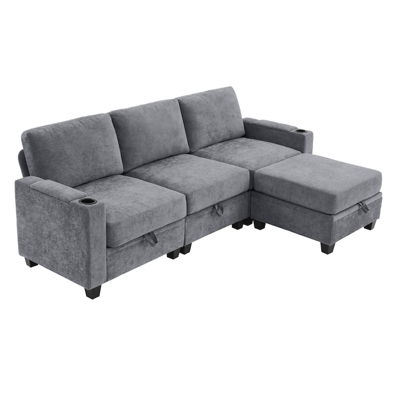 Chenille Sectional Sofa, Hidden Storage & Modular Design - 3-Seater & 1 Ottoman - Pearl Light Grey