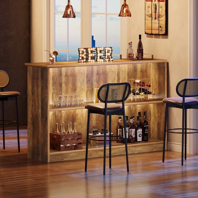 63-Inch Home Bar Table with 2-Tier Storage Shelves - 41.34" D x 63" W x 15.75" H - Brown