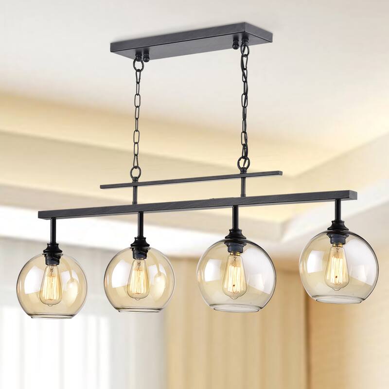 Antique Black 4-Light Linear Kitchen Island Chandelier with Amber Glass Shades