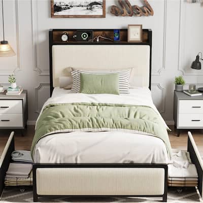 Rustic Linen Upholstered Platform Bedframe, Storage Headboard/2 Storage Drawers/Charging Station