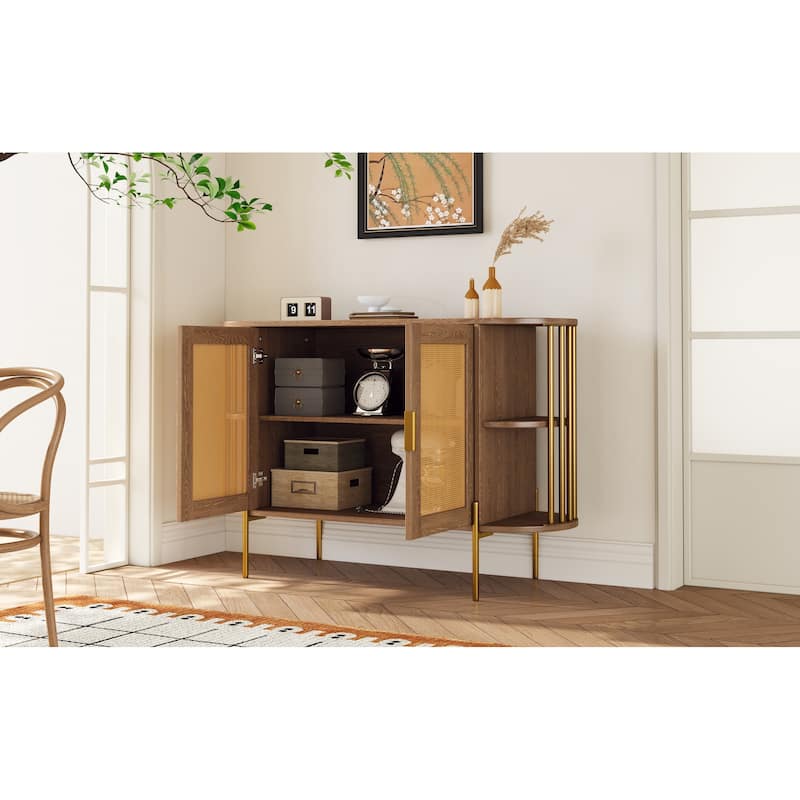 2-Door Elegant Curved Dining Cabinet with Gold Trim and Woven Rattan Doors for Dining Room