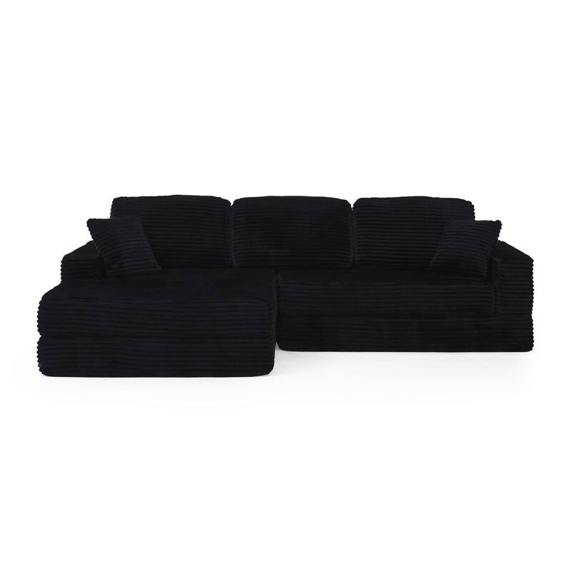 Modern Corduroy L-shaped Sectional Sofa with Chaise Expanded into Queen Size Floor Bed Comfy Compressed Sofa Couch