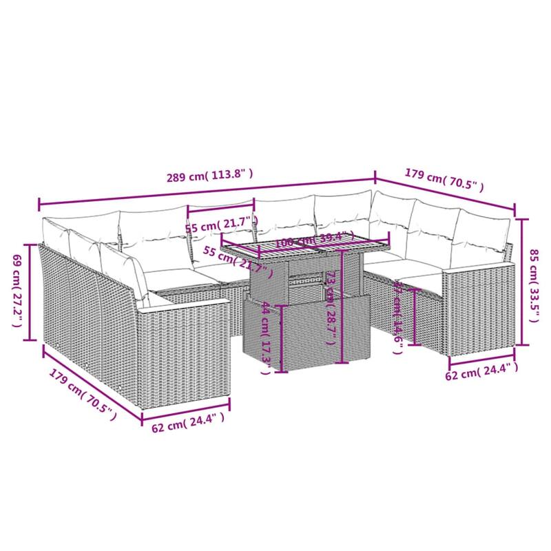 vidaXL Patio Sofa Set with Cushions Outdoor Furniture 10 Piece Poly Rattan - 24.4 x 24.4 x 27.2