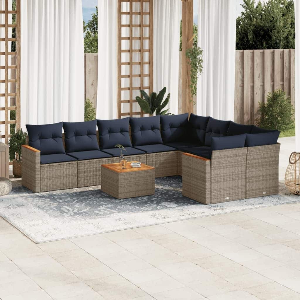 vidaXL 9/10 Piece Patio Sofa Set with Cushions Black/Gray Poly Rattan - 24.4 x 24.4 x 27.2