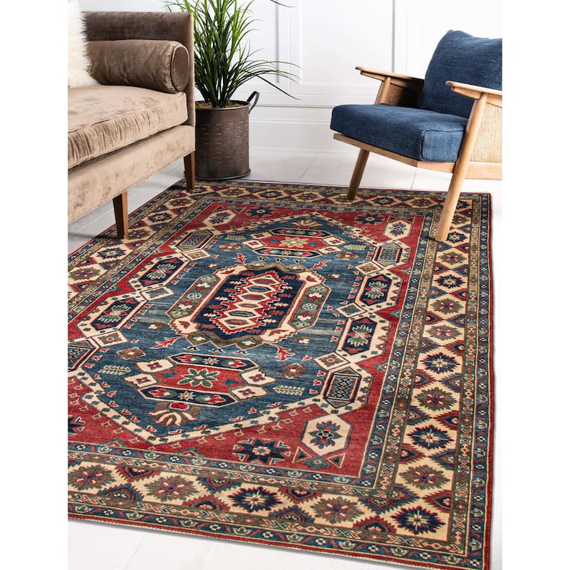 ECARPETGALLERY Hand-knotted Finest Ghazni Blue, Red Wool Rug - 6'6 x 9'7