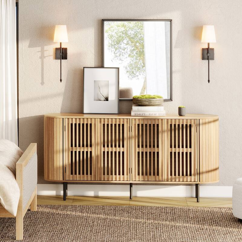 WAMPAT 66" Fluted Sideboard Buffet Cabinet,Wood Storage Cabinet with 4 Doors