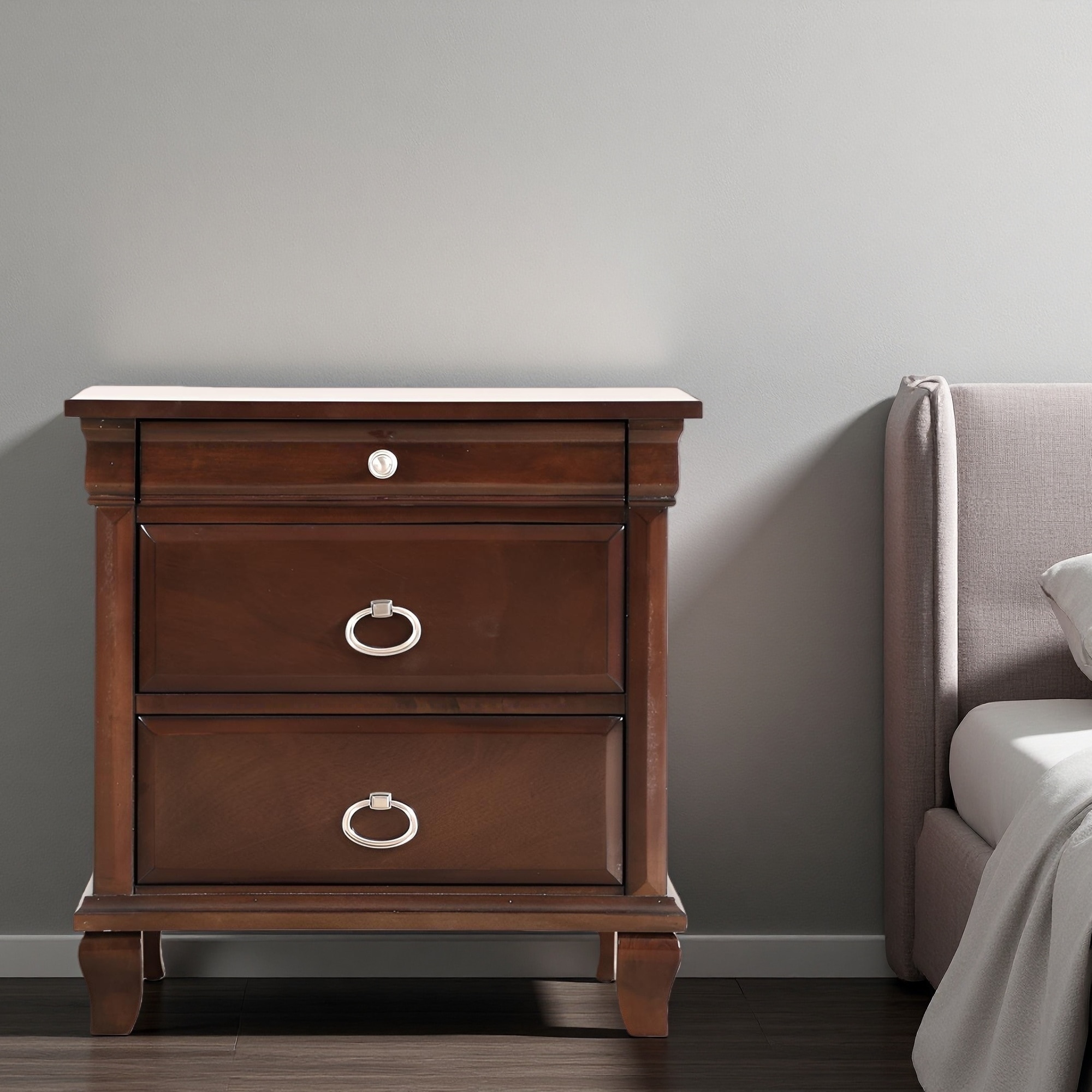 26"L Classic Wood Veneer Nightstand with Felt-Lined Top Drawer, Dove-Tailed Drawers, Nickel Hardware, Carved Trim