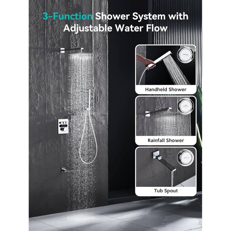Lefton Shower System in Fahrenheit Display, 10” Overhead Shower Head with Handheld Spray Showerhead and Bathtub Faucet, SSWM2502