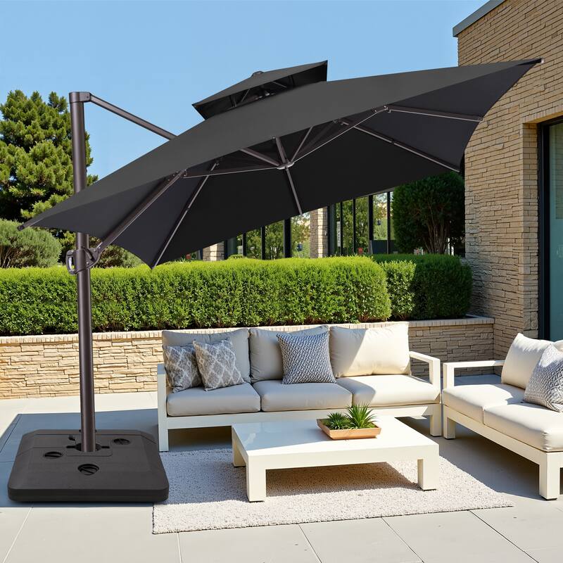 10 x 13 ft Double Top Aluminum Rotating Patio Offset Cantilever Umbrella with Base - Black