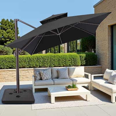 10 x 13 ft Double Top Aluminum Rotating Patio Offset Cantilever Umbrella with Base