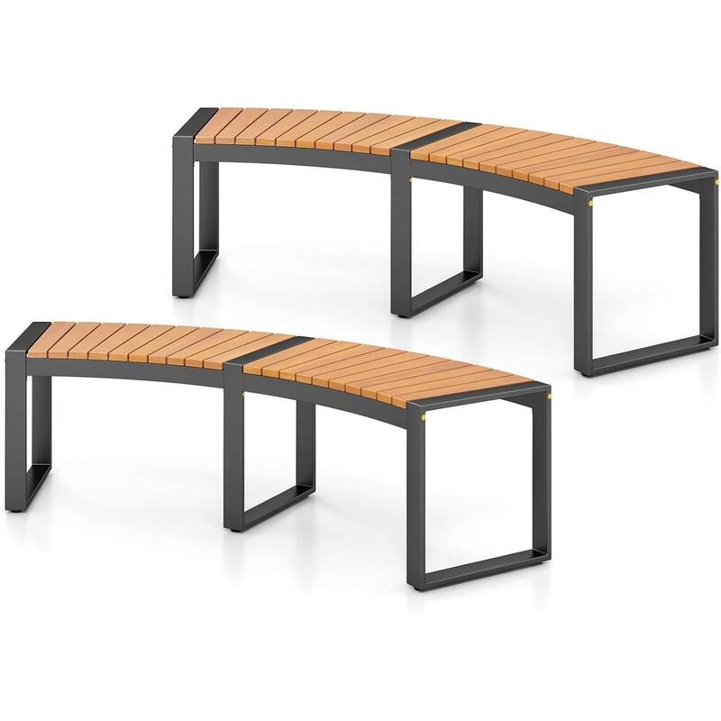 Natural Black Acacia Wood Metal Curved Backless Outdoor Garden Bench - 23"D x 57.5"W x 18"H